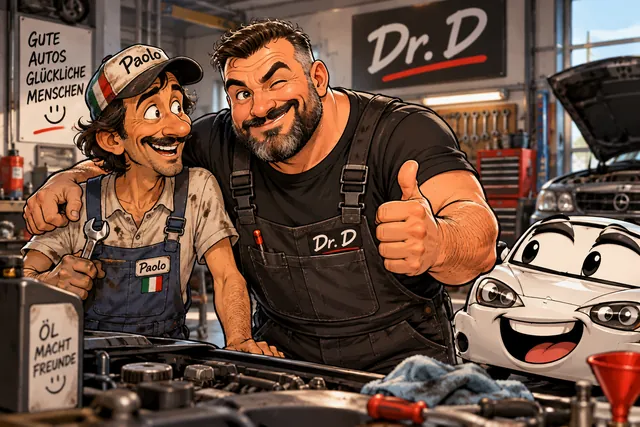 Dr. D und Paolo in ihrer Comic-Werkstatt mit einem Auto
